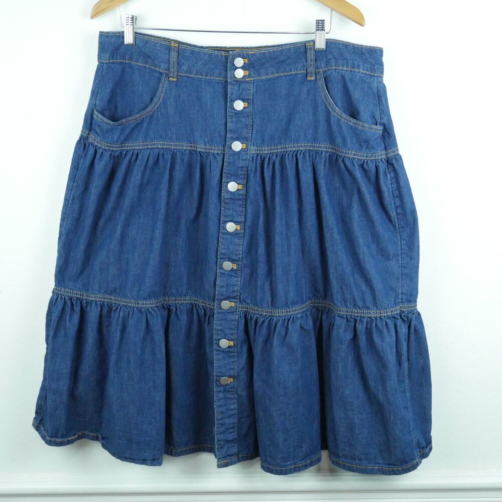 Vintage Size 18 Skirt Y2K Denim Tiered Ruffle Cottagecore Western Boho Cowgirl